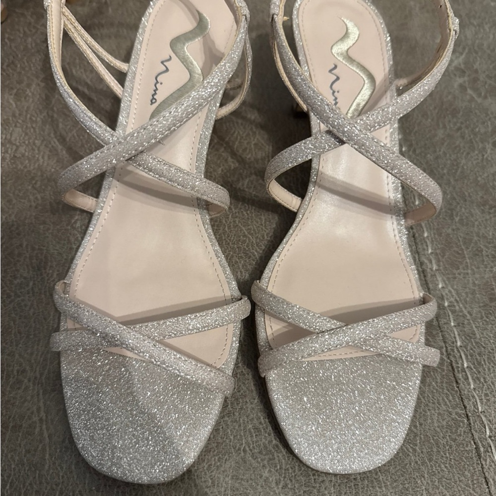 Nina Silver Strappy Heels with X-Pattern Design